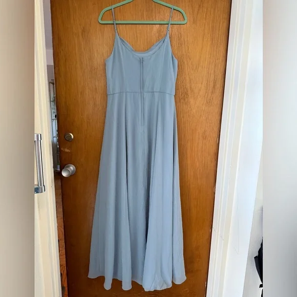 David’s Bridal Dusty Blue Chiffon Cowl Neck Bridesmaids Dress Gown with Slit - Picture 5 of 5
